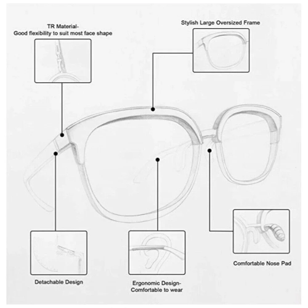 Replaceable Legs-Oversized Blue Light Blocking Glasses Women Men Large - Picture 4 of 5